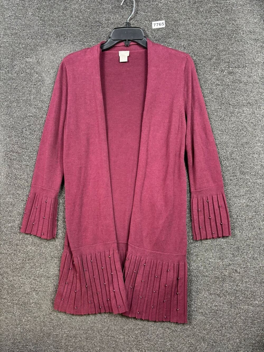 Chico’s Open Front Knit Cardigan Sweater Womens Size 0 US S Burgundy Beaded